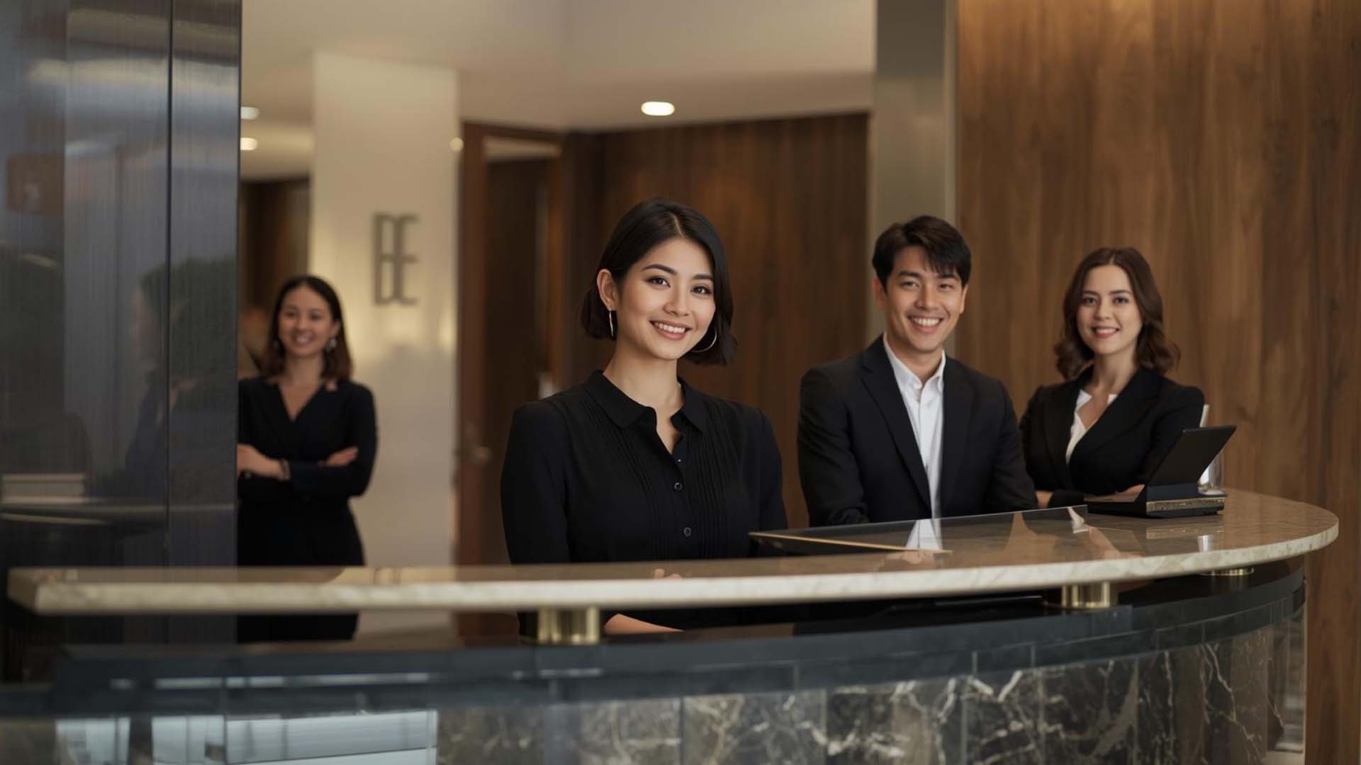 Professional condominium concierge team smiling at the reception desk delivering luxury hospitality service by Stratton Amenities