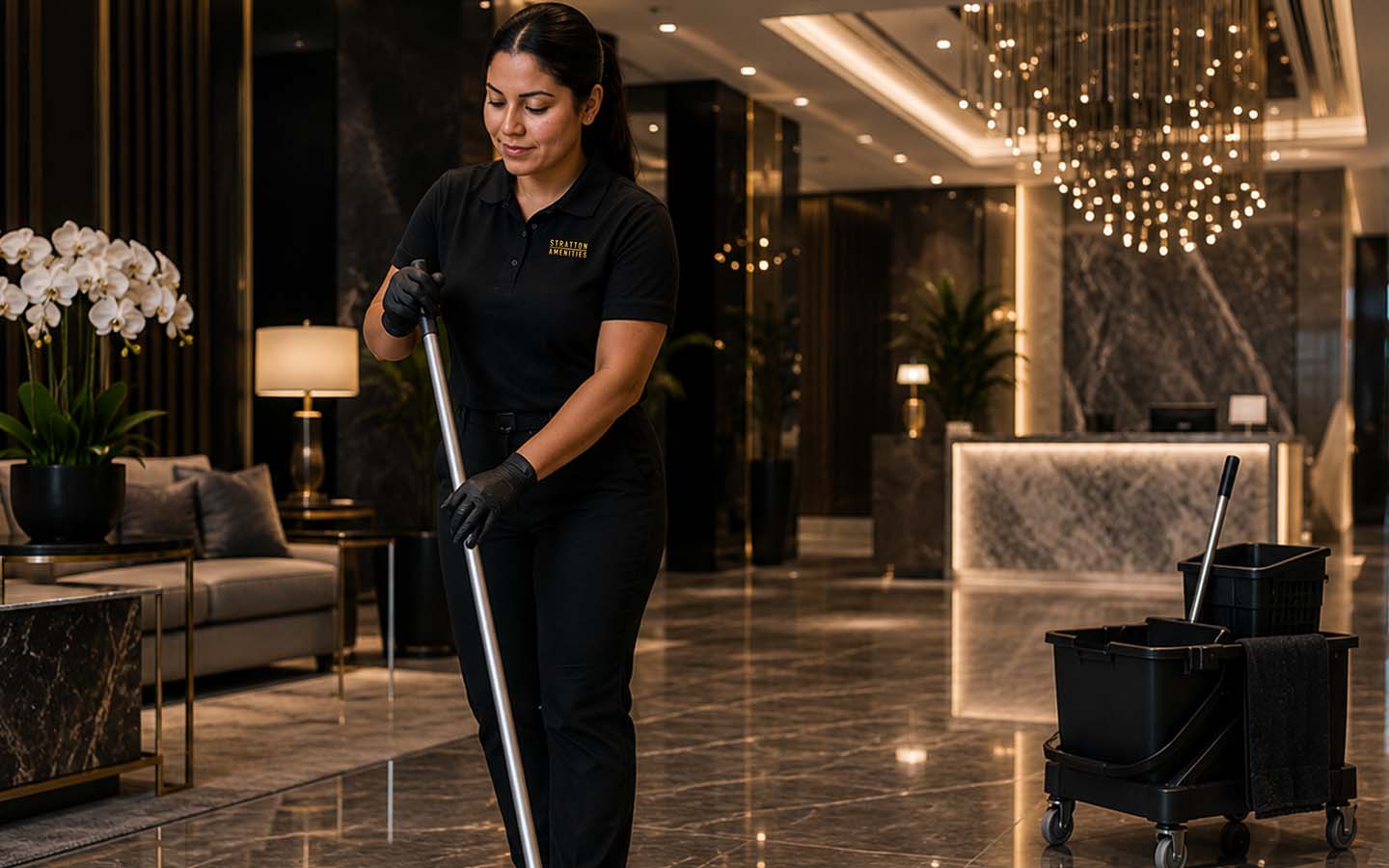 Professional cleaning staff maintaining cleanliness in a hotel reception area to support a hospitality level resident experience.