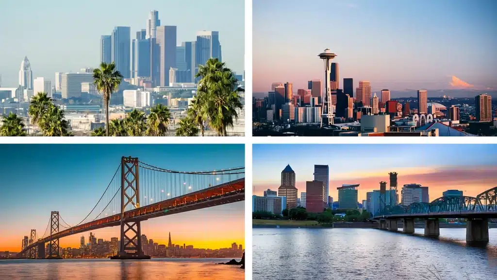 Four-image collage featuring city views from major West Coast multifamily housing markets