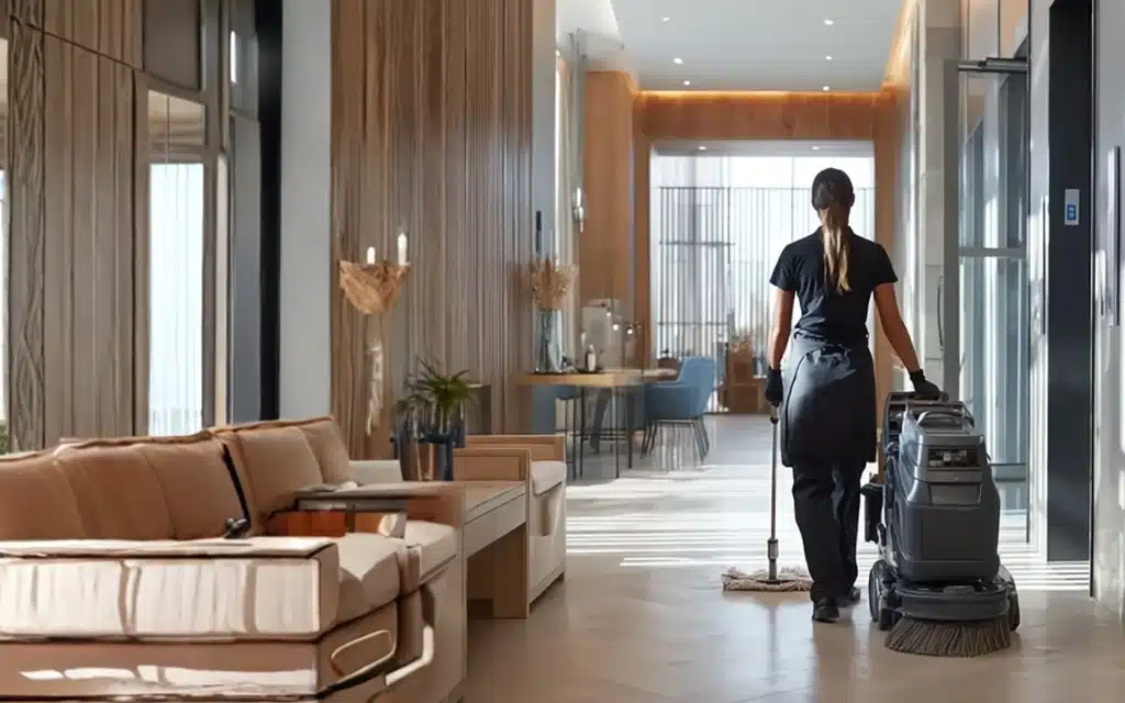 Janitorial staff using professional cleaning equipment to maintain cleanliness in a multifamily residential common area.