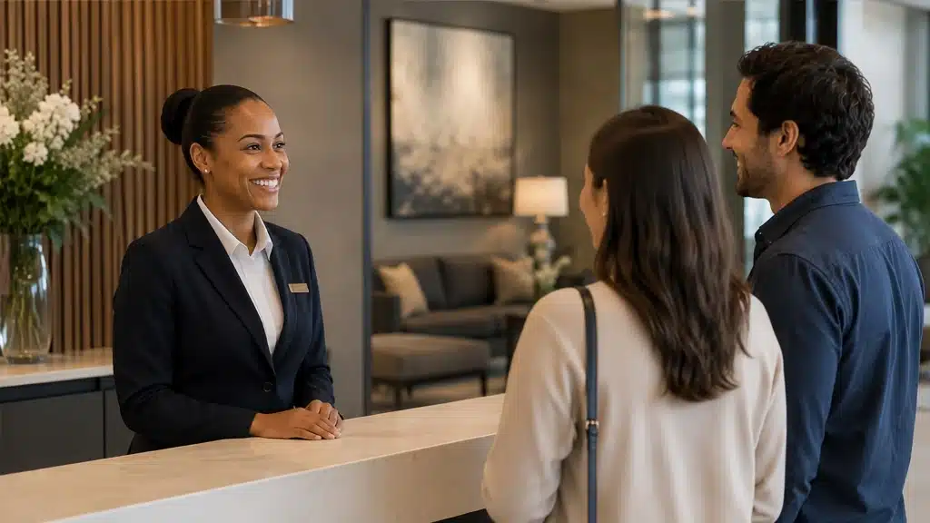 Professional cleaning staff maintaining cleanliness in a hotel reception area to support a hospitality level resident experience.