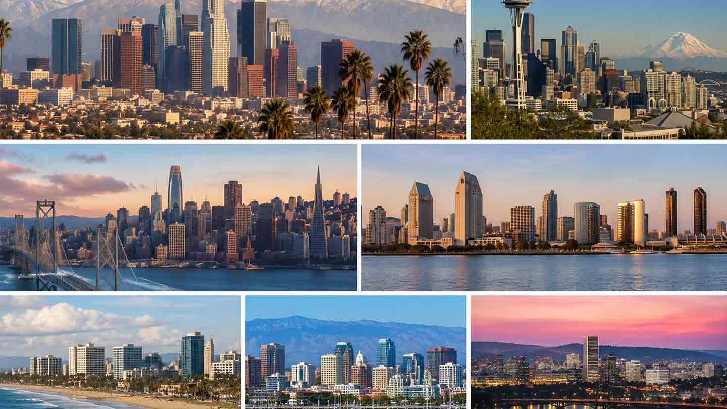 Collage of West Coast city skylines representing major multifamily housing markets including Los Angeles, San Francisco, and Seattle