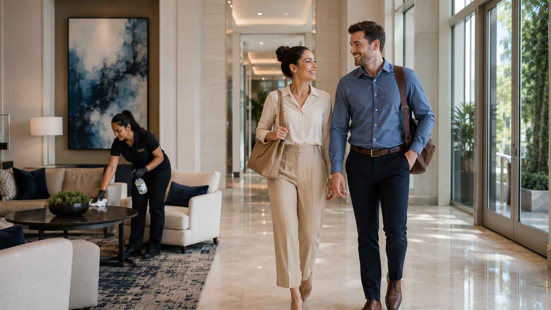 Clean and well-maintained luxury apartment building lobby demonstrating how professional day porter services enhance resident satisfaction and property value.