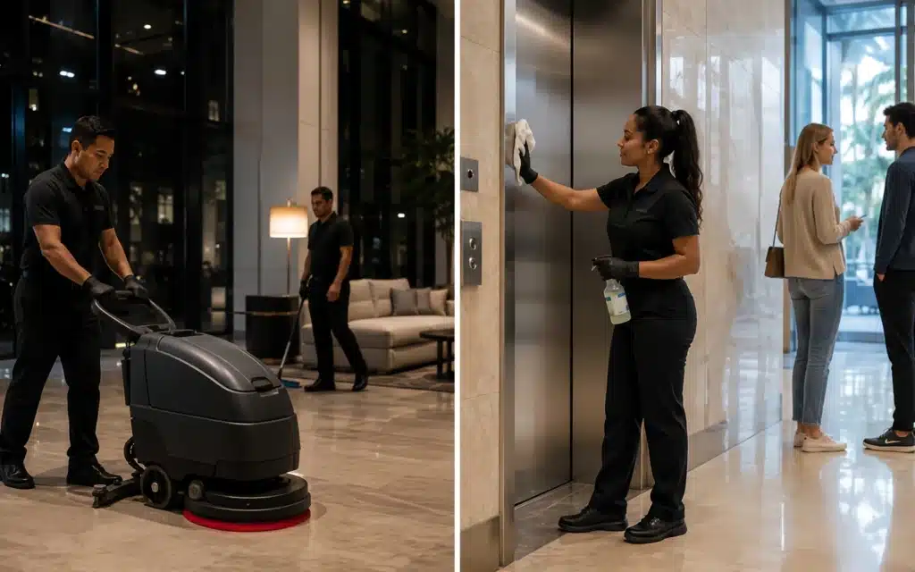 Day porter maintaining an apartment building lobby during business hours while a janitorial crew performs after-hours cleaning.