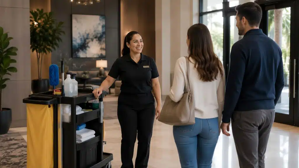 Professional day porter maintaining the common areas of a luxury multifamily apartment building with residents walking through the lobby.