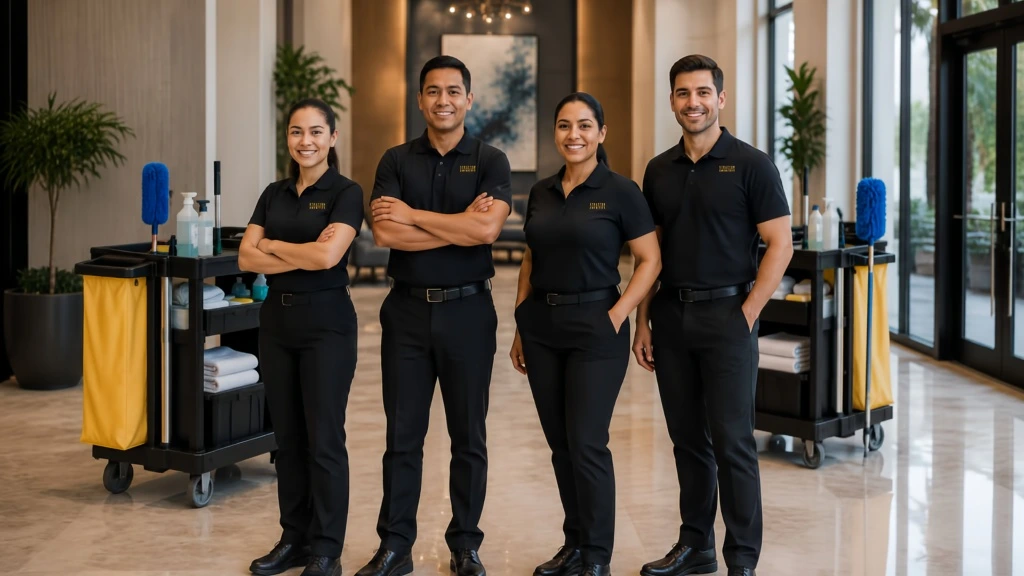 Uniformed Stratton Amenities day porter providing professional cleaning and maintenance services in a luxury multifamily apartment building.