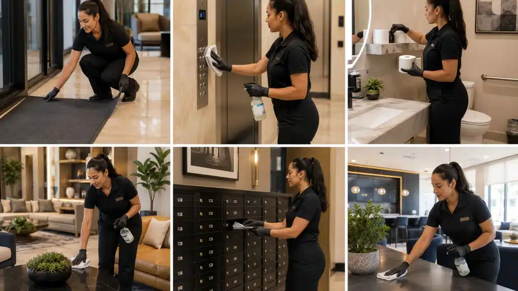 Collage showing a day porter performing daily cleaning and maintenance tasks throughout a luxury multifamily apartment building.